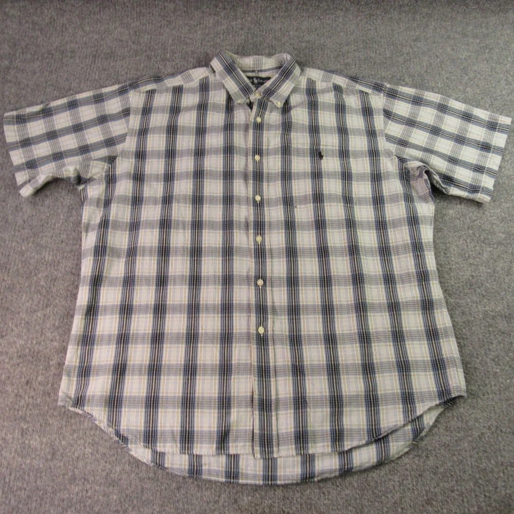 Ralph Lauren Shirt Men XL VTG 90s Bartlett Blue Plaid Pocket Short Sleeve Button